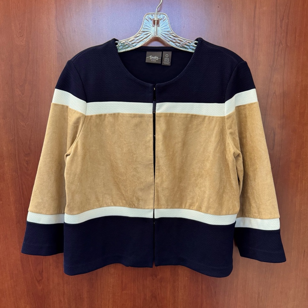 Travelers Chico’s Color Block Jacket Size 0 Hook & Eye Closure 3/4 Sleeves Small